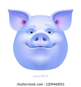 Head of bizarre blue pig. Vector portrait of a strange alien hog. Face of a fancy swine with a bluish and violet skin. Freaky boar. Funny magic animal character. Detailed clipart.