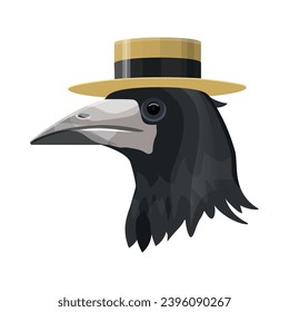 Head of black bird, crow, raven or rook with hat close up. Vector illustration isolated on white background