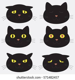 Head of a black cat with different facial expressions