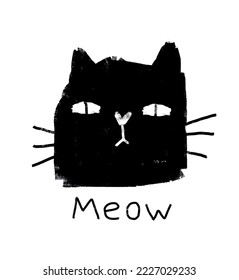 Head of Black Cat and Handwritten "Meow" on a White Background. Simple Hand Drawn Vector Illustartion with Kitty. Funny Nursery Art ideal for Cat Lovers, Card, Poster, Wall Art. Cat Print.