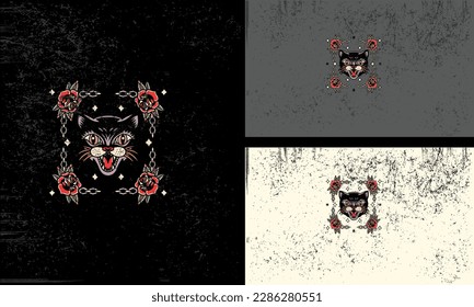 head black cat and red flowers vector logo design