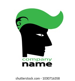 Head black with colored hair. The head logo is in profile with green hair. Vector illustration. Logo with a man.