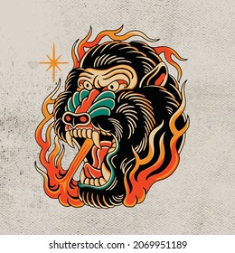 the head of the black fanged monkey with fire vector design