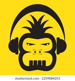 The head of black gorilla with an angry face, tooth , ananas hairstyle and cool big headphones