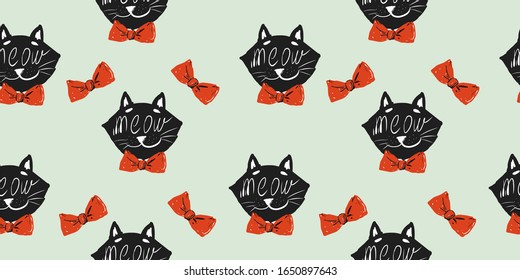 The head of a black kotas mustache, with a red bow and the phrase meow, cartoon, geometric seamless pattern on a mint background. For printing on textiles, clothes, wallpaper in the nursery.