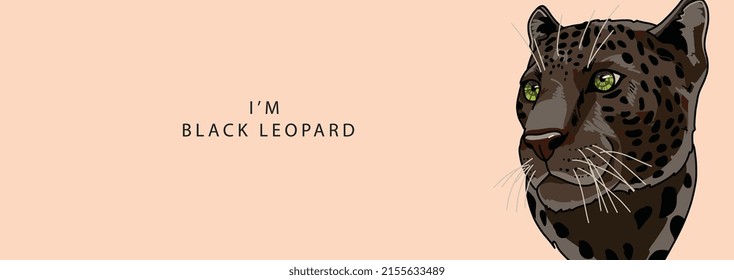 The head of a black leopard looks seriously to the side on a beige background with the text inscription I'm black leopard