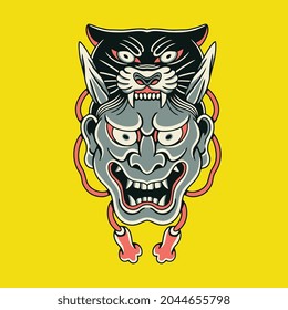 head of black panther bites devil's head