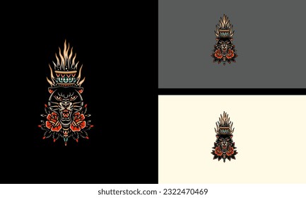 tête panthère noire et fleurs rouges illustration vectorielle création à plat