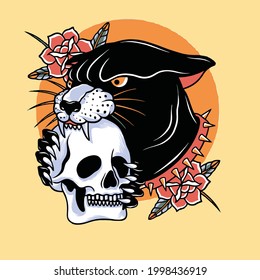 head black panther with red rose and skull head artwork design