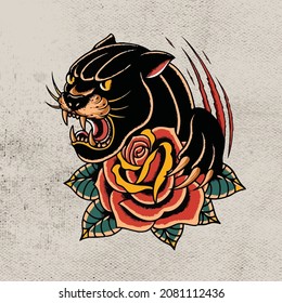 head black panther with red rose flower tattoo design