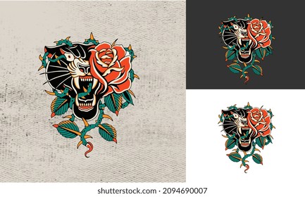 head black panther and red rose flower artwork design vector illustration