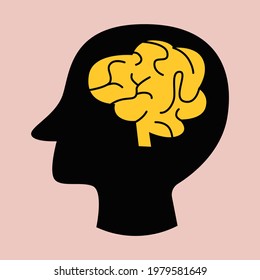 Head black silhouette with brain. Mental health medical treatment idea. Concept of psychology, intellect, education, medicine, human brain . Male profile head. Eps flat vector illustration isolated
