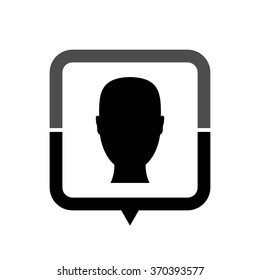 Head - black vector icon; map pointer;  message bubble