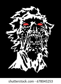 Head of black zombie character concept with a torn face. Dark halloween terrible character face. Vector illustration.