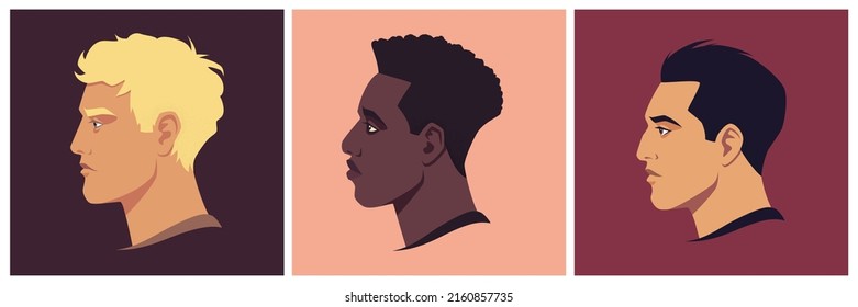Head Of Blond, Brunet And African Man In Profile. Male Portrait, Face Side View. Avatar Of Man For Social Networks. Stock Vector Illustration In Flat Style.