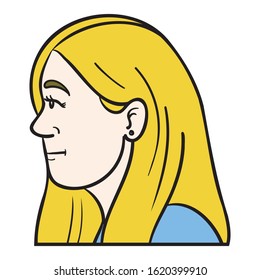 Head of a blonde woman with long hair from the side with neutral facial expression. blue t-shirt, avatar, profile, yellow, blue, cartoon, vector, isolated.