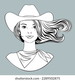 Head of a blonde woman with loose flowing hair in a cowboy hat. Linear black and white drawing. Vector illustration