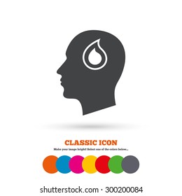 Head with blood drop sign icon. Male human head symbol. Classic flat icon. Colored circles. Vector