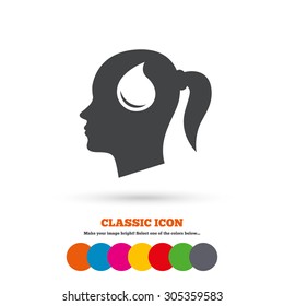 Head with blood drop sign icon. Female woman human head symbol. Classic flat icon. Colored circles. Vector