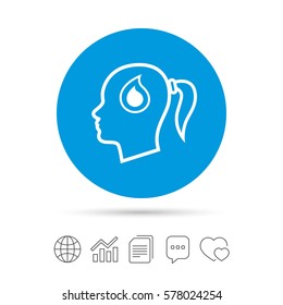 Head with blood drop sign icon. Female woman human head symbol. Copy files, chat speech bubble and chart web icons. Vector