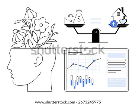 Head with blooming flowers, balance scale weighing money and wellness, and computer screen with data charts and reports. Ideal for financial planning, personal growth, wellness, business, education