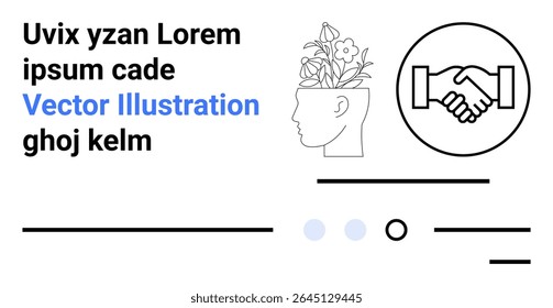 Head with blooming flowers, handshake icon in circle, two dots with lines, placeholder text. Ideal for creativity, partnerships, ideas, growth, collaboration, business, innovation. Landing page