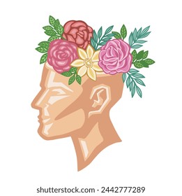 Head blooming flowers, mental health cartoon vector illustration