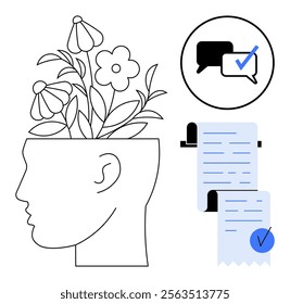 A head with blooming flowers symbolizes mental growth and wellness. Near it are icons of a checklist and speech bubbles, indicating communication and achievement. Ideal for mental health awareness