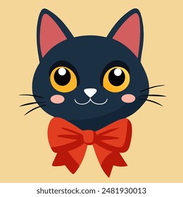 head blue cat with yellow eyes Funny kitten. Face head silhouette.Cute cartoon baby character. Kawaii pet animal white nose,pink ears,red bow Sticker print. Flat design cream background Vector