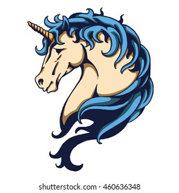 head of blue hair unicorn with vector tattoo style drawing svg