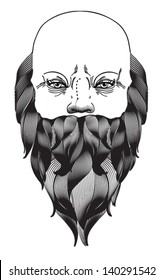 A  head of a bold  man with a long thick black beard