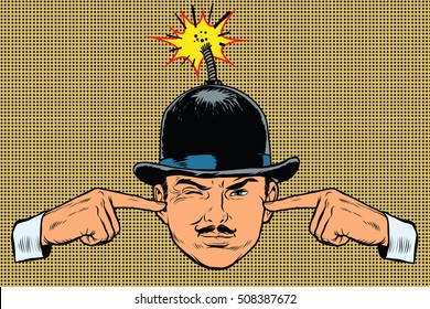 Kopfbombe, das Konzept eines Terroristen und Spion, Pop-Art Retro-Vektorgrafik. Hände, die ihre Ohren bedecken, eine laute Explosion