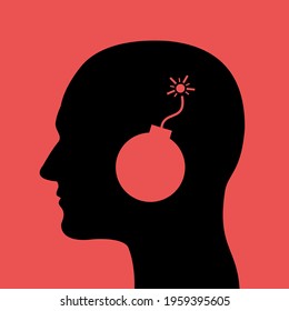 Head with bomb instead on brain. Danger of explosion and blow-up as metaphor of dangerous mental issue and breakdown of mind. Vector illustration.