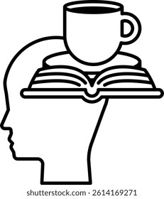 A head with a book and a cup on top of it