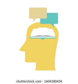 head with book and speech bubbles over white background, vector illustration
