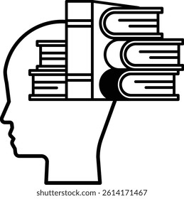A head with books stacked on top of it