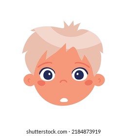 The head of a boy with the emotion of surprise. The face of a confused child. Flat vector cartoon design isolated on white background.