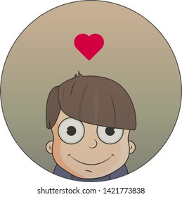 Head of boy kawaii vector illustration. The emotion of love. Boy character. Love icon. One heart over head.
