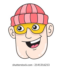 head boy wearing a beanie hat smiling face, vector illustration art. doodle icon image kawaii.