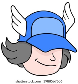 head boy wearing a winged hat, vector illustration carton emoticon. doodle icon drawing