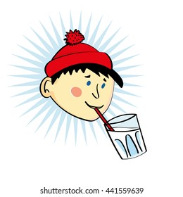 Head of a boy or young man in a red wool cap drinking from a glass of milk with a straw