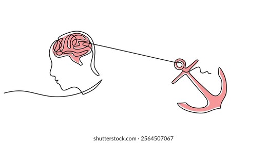 Head with a brain and anchor depicted in continuous one line drawing. Representing mental stability, resilience, and balance. Vector illustration.