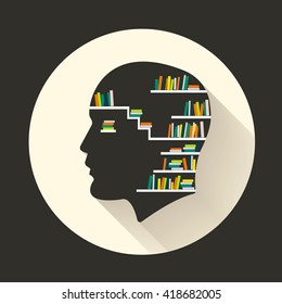 Head with brain and books. Male human think symbols. Vector illustration.