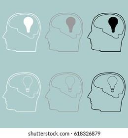 Head with brain and bulb icon set.
