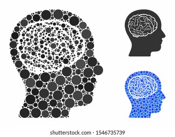 Head brain composition of filled circles in different sizes and shades, based on head brain icon. Vector filled circles are united into blue mosaic. Dotted head brain icon in usual and blue versions.