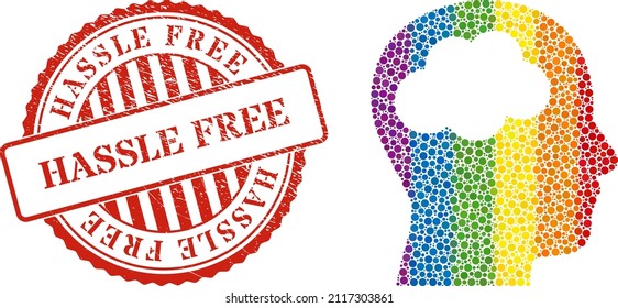 Head Brain Composition Icon Of Spheric Dots In Different Sizes And Spectrum Colored Color Hues. Red Round Rubber Seal Imprint With Hassle Free Caption. A Dotted LGBT- Colored Head Brain For Lesbians,