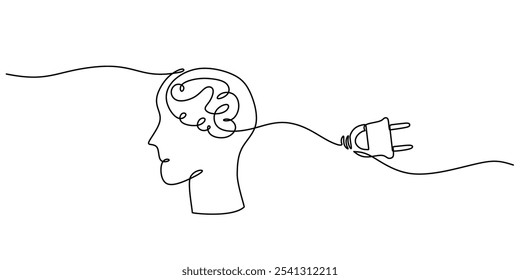 Cabeça com um cérebro ligado a uma ficha elétrica num desenho contínuo de uma linha. Conceito de educação e ideias. Design de vetor desenhado à mão minimalista.