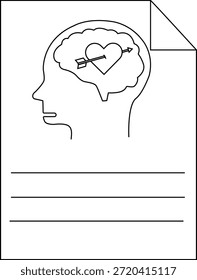 Head with brain containing a heart pierced by an arrow on a sheet with lines