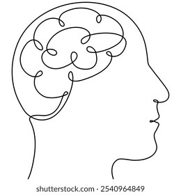 Head with brain continuous line drawn. Mental health concept. Vector illustration isolated on white.