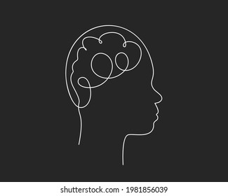 Head with brain continuous one line drawing, Asian non-binary face in profile Mental health concept, Vector graphics minimalist linear illustration made of single white line on black background